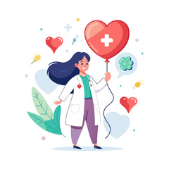 Beautiful female doctor holding large heart-shaped balloon with medical symbols promoting healthcare compassion, wellness, and heart health awareness