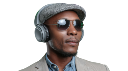 A stylish man wearing headphones and sunglasses, exuding confidence and a modern vibe, perfect for music or fashion themes.