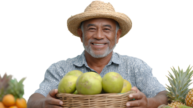 A joyful man in a straw hat holding a basket of fresh fruits, showcasing the essence of healthy eating and local produce.