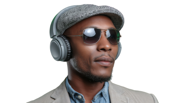 A stylish man wearing headphones and sunglasses, exuding confidence and a modern vibe, perfect for music or fashion themes.