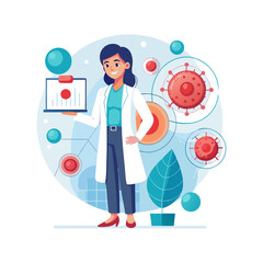 Female doctor holding futuristic holographic chart of blood cells in medical research concept, advanced healthcare technology vector illustration on white background