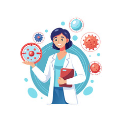 Female doctor holding futuristic holographic chart of blood cells in medical research concept, advanced healthcare technology vector illustration on white background