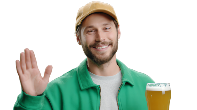 A cheerful young man waving while holding a glass of beer, embodying relaxation and enjoyment in a casual setting.
