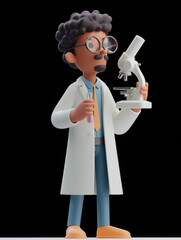 A scientist in a lab coat holding a microscope and test tube, depicted in a cartoon style.