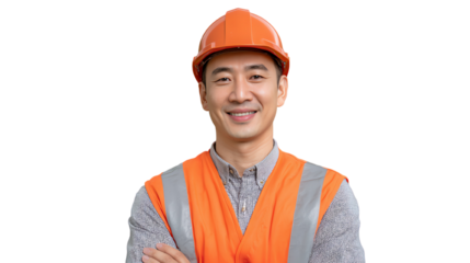 A smiling construction worker wearing an orange hard hat and vest stands confidently, showcasing professionalism and safety in the job.