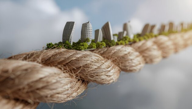 A surreal city with modern buildings balanced on a tightrope in the sky. A powerful business concept for risk, stability, connection, and navigating uncertainty.