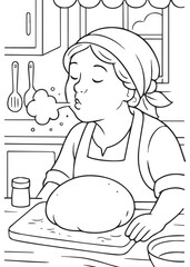 Coloring book page of mom blowing on freshly baked bread to cool it.