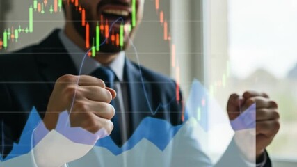 Businessman celebrating financial success with stock market graphs in the background - Powered by Adobe