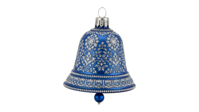Elegant blue christmas bell ornament with silver floral patterns isolatedon the transparent background for festive holiday decor