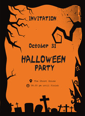 Creepy Halloween Party Invitation Featuring Skull, haunted house, tree, and Grave