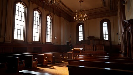 Solemn Interior of a Traditional Courtroom with Wooden Benches and Natural Light Streaming Through Arched Windows creating a sense of Justice and History