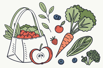 Fresh fruits and vegetables in a shopping bag illustrated