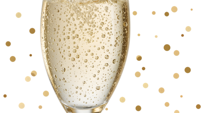 Sparkling champagne glass with bubbles and golden confetti isolated on white for celebration, party, or festive event design