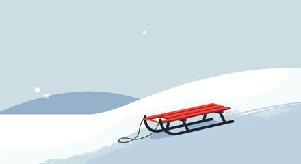 Sledding adventure on a winter landscape snowy hills digital illustration calm atmosphere aerial view fun concept. Vector illustration