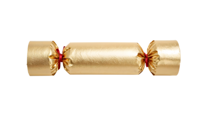 Gold christmas cracker with red ribbon isolatedon the transparent background, festive holiday celebration party favor