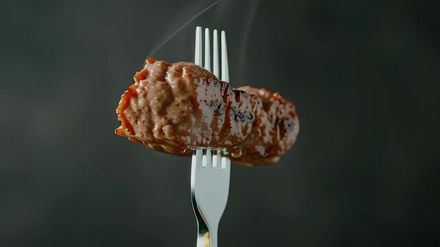 A juicy piece of grilled meat on a fork against a dark background.