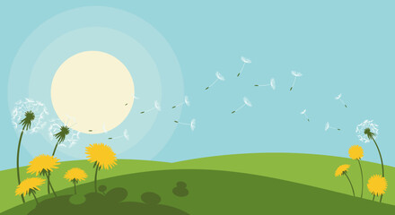 Naklejka premium Dandelion seeds blowing in the breeze nature landscape graphic design calm environment serene viewpoint. Vector illustration