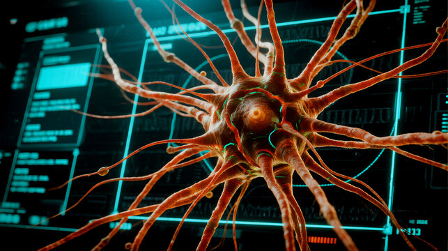 Detailed microscopic view of a human neuron with intricate dendrites and axons on a futuristic digital interface - Powered by Adobe