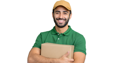 A confident delivery man smiles while holding a package, showcasing professionalism in the logistics industry.