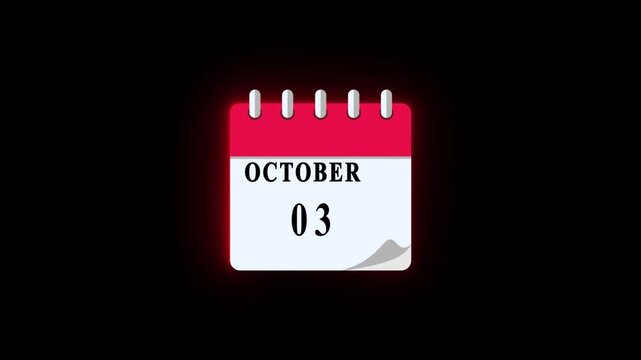 03 October date calendar icon animation, calendar icon video, calendar moving neon black background.