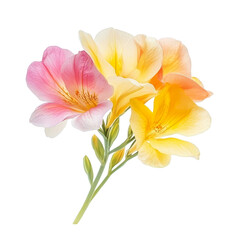 Delicate Pink and Yellow Freesia Flowers on Black Background isolated on transparent background cutout