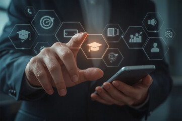 Businessman using his finger to press a digital social media icon on a touchscreen computer