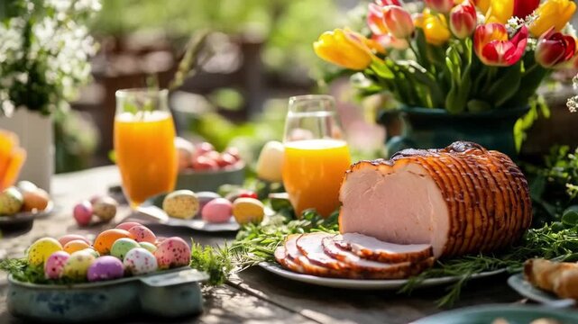 Easter Brunch Table with Ham, Eggs, and Fresh Flowers