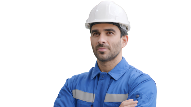 Confident worker in hard hat and blue uniform, embodying professionalism and dedication in construction or industrial settings.