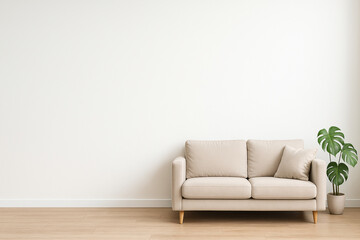 Minimal living room with beige sofa and monstera — wide wall mockup with generous copy space
