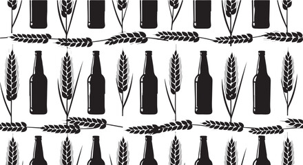 Black and white beer and wheat pattern, seamless vector illustration