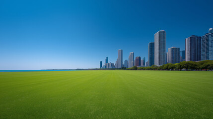 Obraz premium Vast Green Field with Urban Skyline in the Background