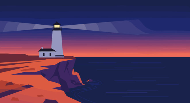 Serene lighthouse at sunset coastal cliffs digital artwork tranquil seascape panoramic view coastal navigation. Vector illustration