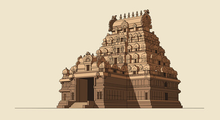 Exploration of ancient architecture indian temple 3d model minimalist design side view cultural heritage. Vector illustration