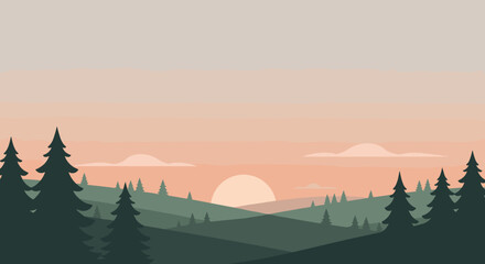 Sunset over rolling hills nature landscape serene environment tranquil viewpoint. Vector illustration