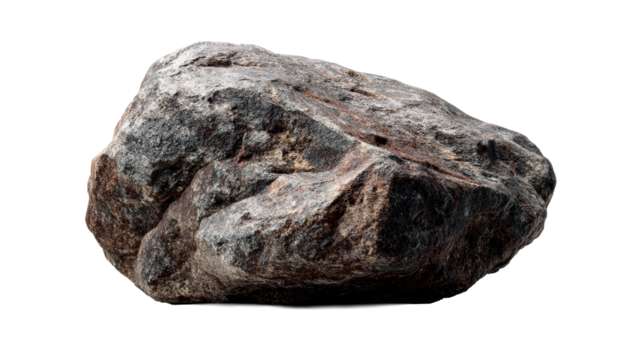 Rough grey and brown textured mineral rock with visible striations on white