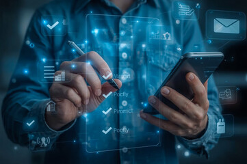Businessman using his finger to press a digital social network icon on a virtual touchscreen