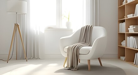 Minimalist Interior Design with Armchair and Bookshelf | Bright Modern Home Decor for Lifestyle and Real Estate Marketing