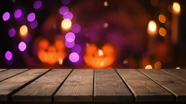 Wooden table with blurry Halloween lights and pumpkin shapes in the background