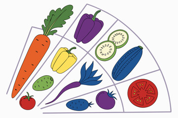 Colorful assortment of fresh vegetables arranged in a fan shape