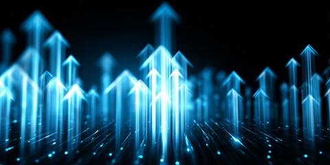 Blue glowing arrows pointing upwards against a dark background, symbolizing growth and progress.
