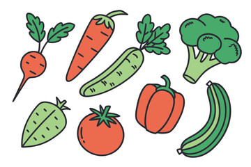 Collection of colorful cartoon style vegetables on a white background