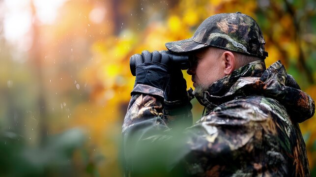 Hunter camouflage wildlife forest binoculars photography outdoors sunrise nature observation of deer in autumn woods for adventure, stealth, animal tracking, and professional hunting gear
