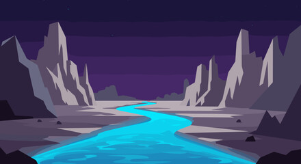 Flowing river through rocky landscape at night digital art serene environment artistic perspective. Vector illustration