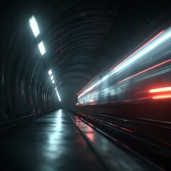 Fototapeta premium Illuminated trajectory within a dark tunnel creating a dramatic effect, showcasing speed