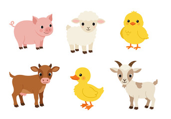 Fototapeta premium Cute cartoon farm animals pig sheep chick cow duckling goat isolated