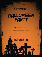 Eerie Graveyard Halloween Invitation with Pumpkin, haunted house, and graveyard