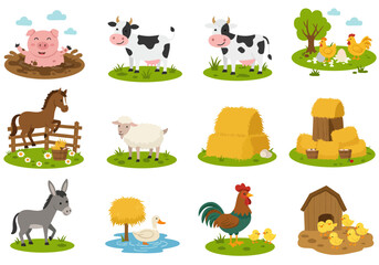 Farm animal cartoon icons include pig cows horse donkey sheep chickens hay bales duck and hen house