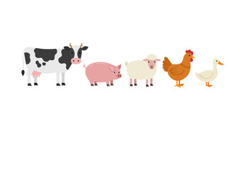 Farm animals line up cow pig sheep chicken and duck