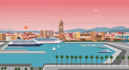 Cruise ships docking at the beautiful port of malaga spain illustration vibrant sunset panoramic view travel concept. Vector illustration