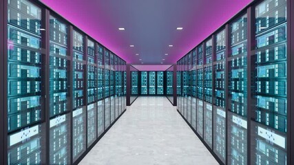 Futuristic High Tech Server Room. Crypto Currency Mining. Bitcoin farm. System Administrator Corridor - Powered by Adobe